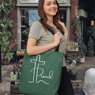 Bolsa Tote Arte de Cruz Cristã Orgulhosa e Floral Minimalista
