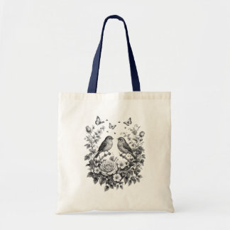 Bolsa Tote Arte de desenho de grinalda floral de pássaro vint