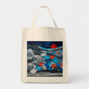 Bolsa Tote Arte de Floco de Pássaros Coloridos Lua Vermelha