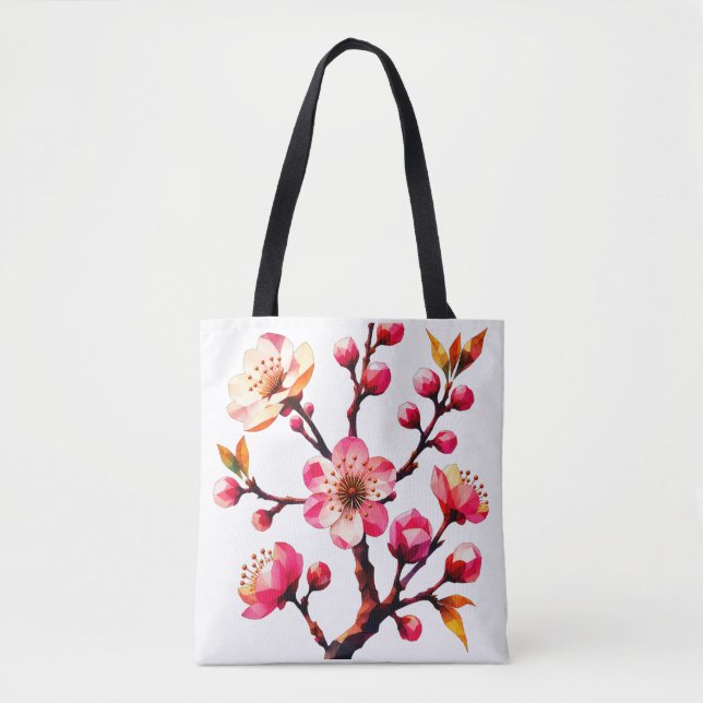 Bolsa Tote Arte de Flor de Cerejeira Poligonal (Frente)