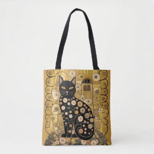Bolsa Tote Arte de Gato Preto Decorativo Dourado no Estilo Gu