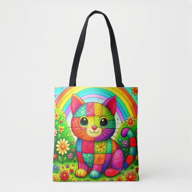 Bolsa Tote Arte de Gato Xadrez Arco-Íris (Frente)