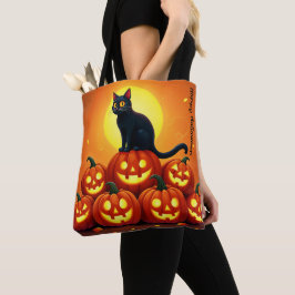 Bolsa Tote Arte de Halloween de Natal com lua de gato e cheio