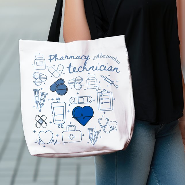 Bolsa Tote Arte de Linha de Dodle Azul do Técnico de Farmácia (Criador carregado)