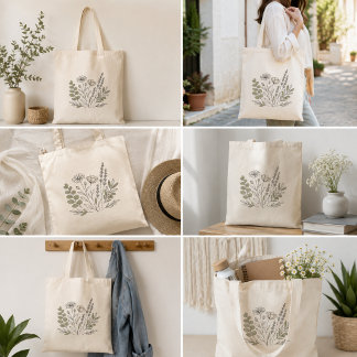 Bolsa Tote Arte de Linha de Flores Silvestres Botânicas