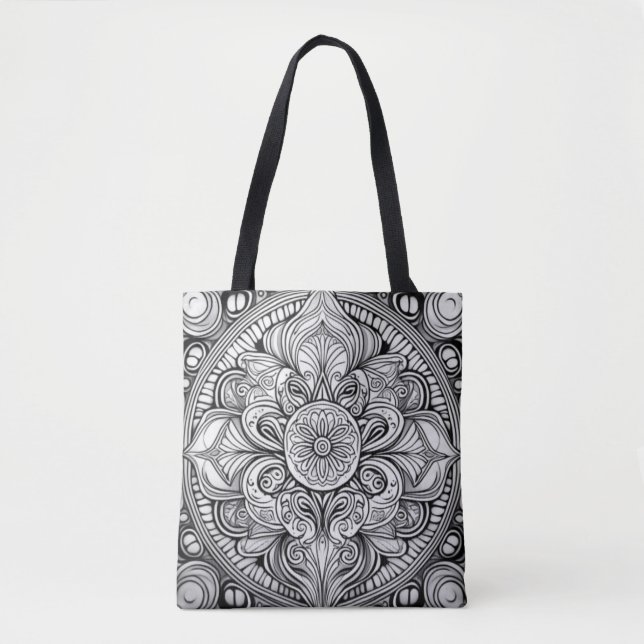 Bolsa Tote Arte de Mandala Preta e Branca (Frente)