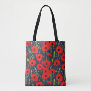 Bolsa Tote Arte de Padrão de Papoulas Vermelhas Modernas Vibr