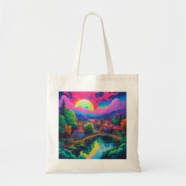 Bolsa Tote Arte de Paisagem Japonesa Psicodélica (Frente)