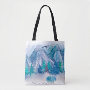 Bolsa Tote Arte de paisagem montanhosa de inverno em aquarela