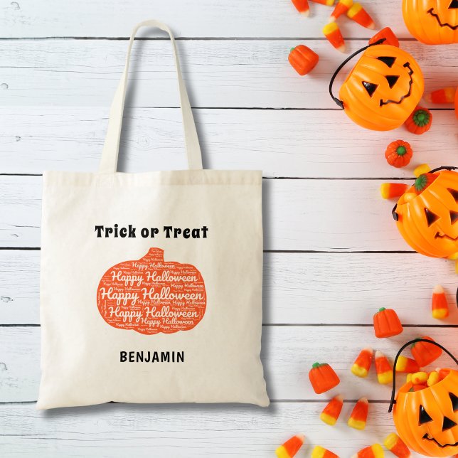 Bolsa Tote Arte de Palavras Feliz Halloween Pumpkin Personali (Personalize with Name, edit / remove other text as required)