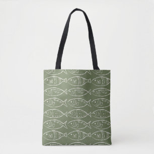 Bolsa Tote Arte de Peixe Minimalista em Linha Oliva