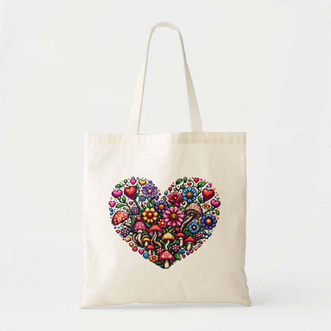 Bolsa Tote Arte de Pixel de Coração Floral Personalizada (Frente)