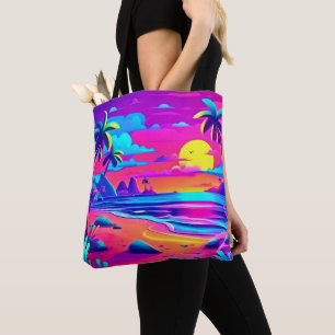 Bolsa Tote Arte de Pôr do Sol Neon na Praia Tropical