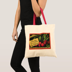 Bolsa Tote Arte de rótulo de caixa de frutas antiga, cerejas 