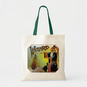 Bolsa Tote Arte de rótulo de charuto vintage, Mago com gato p