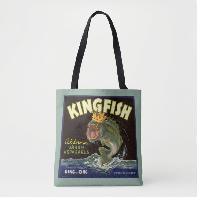Bolsa Tote Arte de rótulo de lata de produto antigo, Kingfish (Frente)