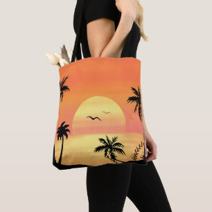 Bolsa Tote Arte de Silhueta de Palmeira no Pôr do Sol da Prai