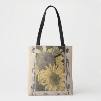 Bolsa Tote arte do girassol do vintage, design floral