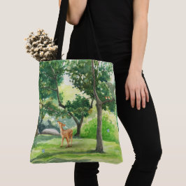 Bolsa Tote Arte em Aquarela de Veado na Floresta Tranquila