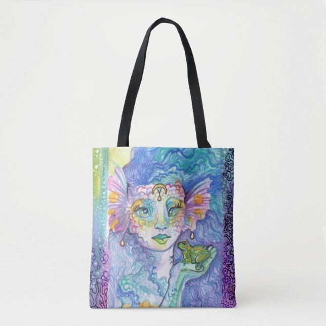 Bolsa Tote Arte em aquarela fantasia de sereia e sapo (Frente)