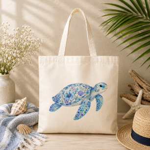 Bolsa Tote Arte em Cerâmica Tema Floral Tartaruga Marinha 