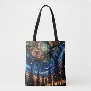 Bolsa Tote Arte Etéreo Místico com Árvores e Céu Noturno