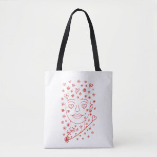 Bolsa Tote Arte facial romântica desenhada à mão com corações