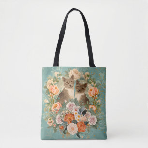 Bolsa Tote Arte Felina de Jardim Floral Romântico