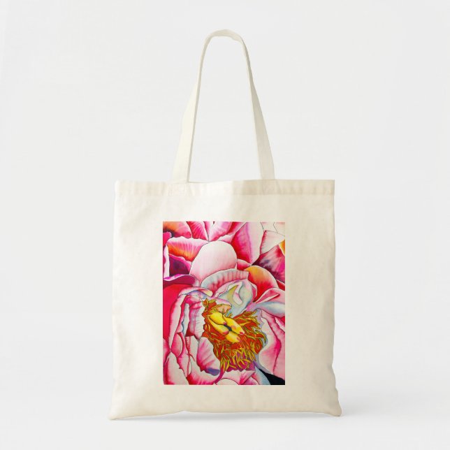 Bolsa Tote Arte fina em aquarela Peônia Rosa (Frente)