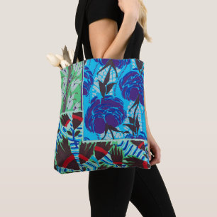 Bolsa Tote Arte Floral Azul e Verde Maximalista Vibrante