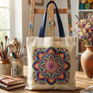 Bolsa Tote Arte Floral Boho Folclórico