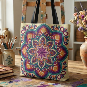 Bolsa Tote Arte Floral Boho Folclórico