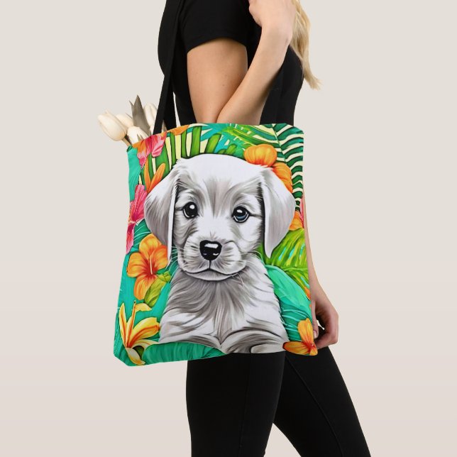 Bolsa Tote Arte Floral de Cachorrinho (Close Up)
