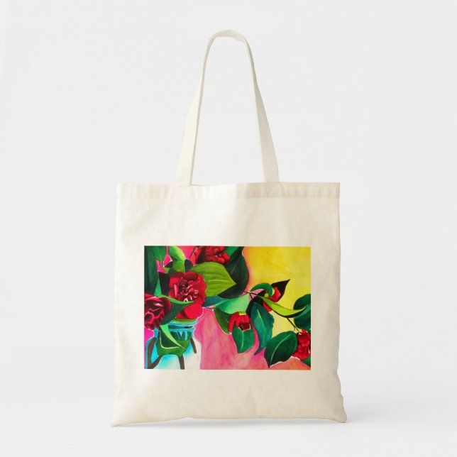 Bolsa Tote Arte floral de Camélias Vermelhas (Frente)