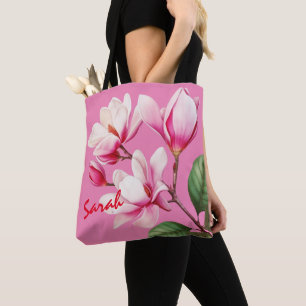 Bolsa Tote Arte Floral de Flor Rosa com Nome Personalizado
