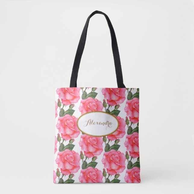 Bolsa Tote Arte Floral de Rosas Rosa Grandes Personalizadas (Frente)