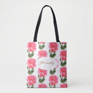 Bolsa Tote Arte Floral de Rosas Rosa Personalizadas