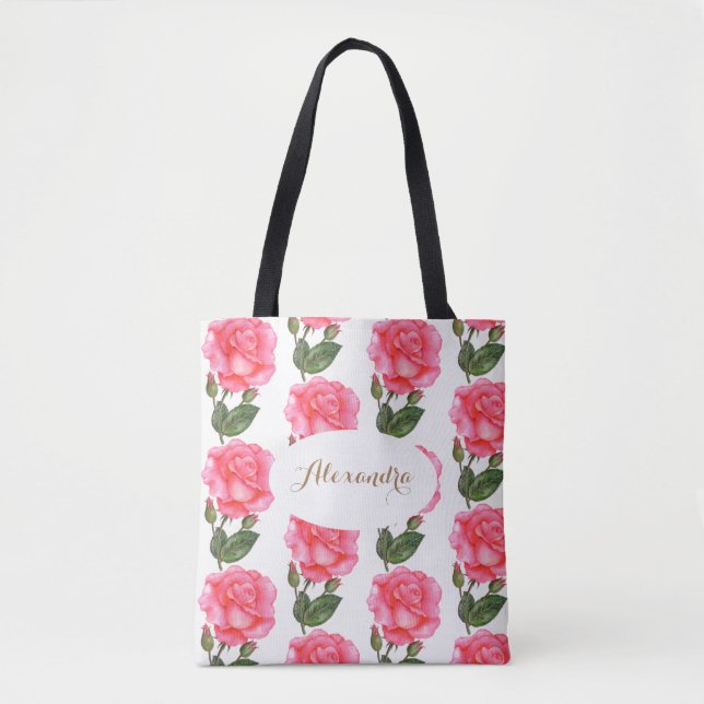 Bolsa Tote Arte Floral de Rosas Rosa Personalizadas (Frente)