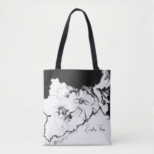 Bolsa Tote Arte Floral Original em Preto e Branco com Pontilh