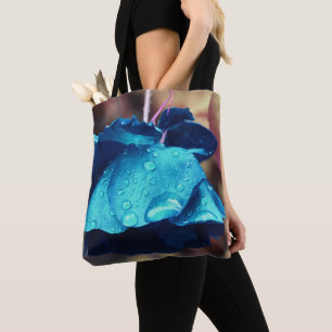 Bolsa Tote Arte Floral Rosa Azul com Gotículas de Chuva Persi