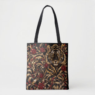 Bolsa Tote Arte Floral Tigre Dourado & Rosas Vermelhas