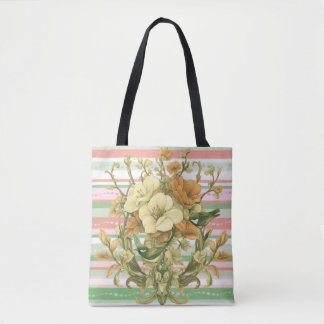 Bolsa Tote Arte floral vintage com listras rosa