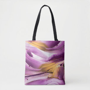 Bolsa Tote Arte fluida, textura dourada lilás marmoreada.