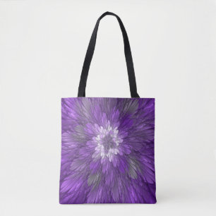 Bolsa Tote Arte fractal abstrata de flor roxa psicodélica