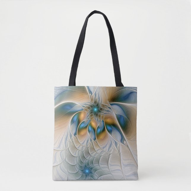 Bolsa Tote Arte Fractal, Abstrato Fantasia, Com Azul (Frente)