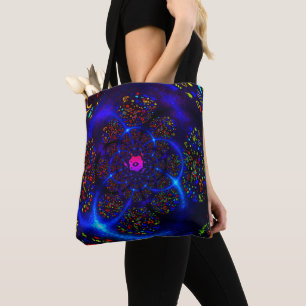 Bolsa Tote Arte Fractal Cósmica Neon Azul Preto