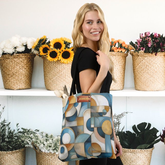 Bolsa Tote Arte Geométrica Abstrata Azul Branco Dourado (Abstract art design tote bag, with name tag area, in-situ.)