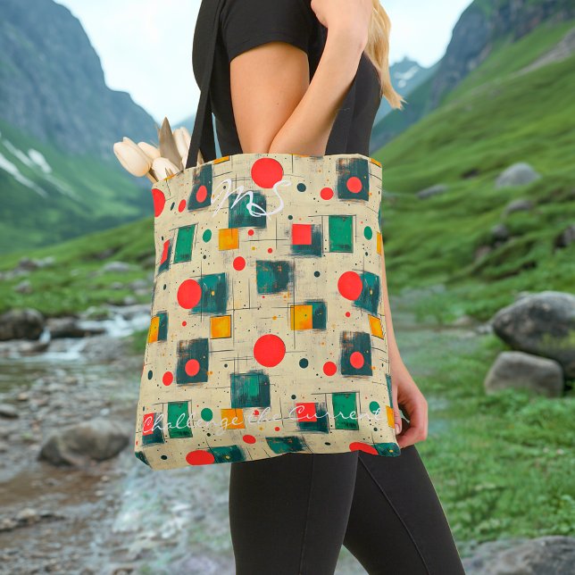 Bolsa Tote Arte Geométrica Vermelha e Verde com Círculos e Qu (Criador carregado)