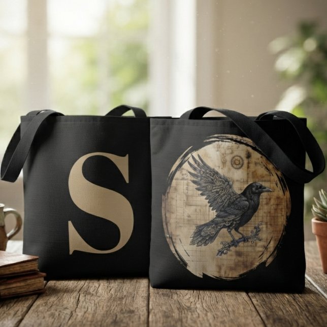 Bolsa Tote Arte Gótica Steampunk de Corvo (Steampunk raven tote bag for book lovers on daily library trips.)