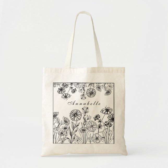 Bolsa Tote Arte gráfica de linhagem em branco preto (Frente)